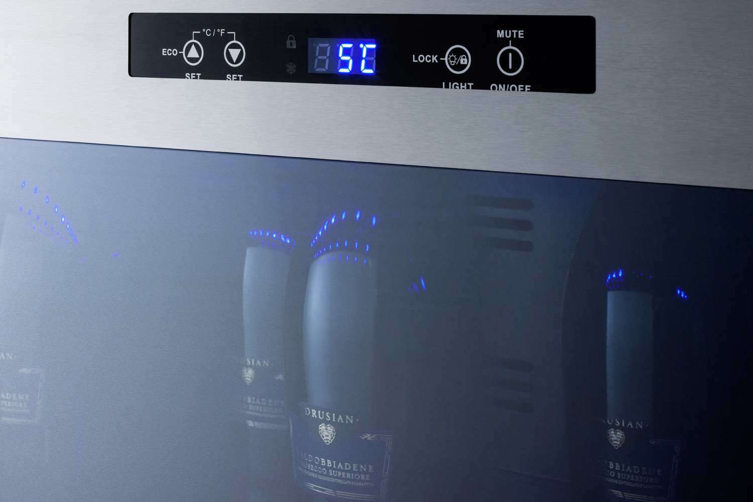 Commercially approved open bottle wine & champagne cooler in stainless steel with digital controls and compressor-cooled design for countertop use designed for the refrigeration and display of wine